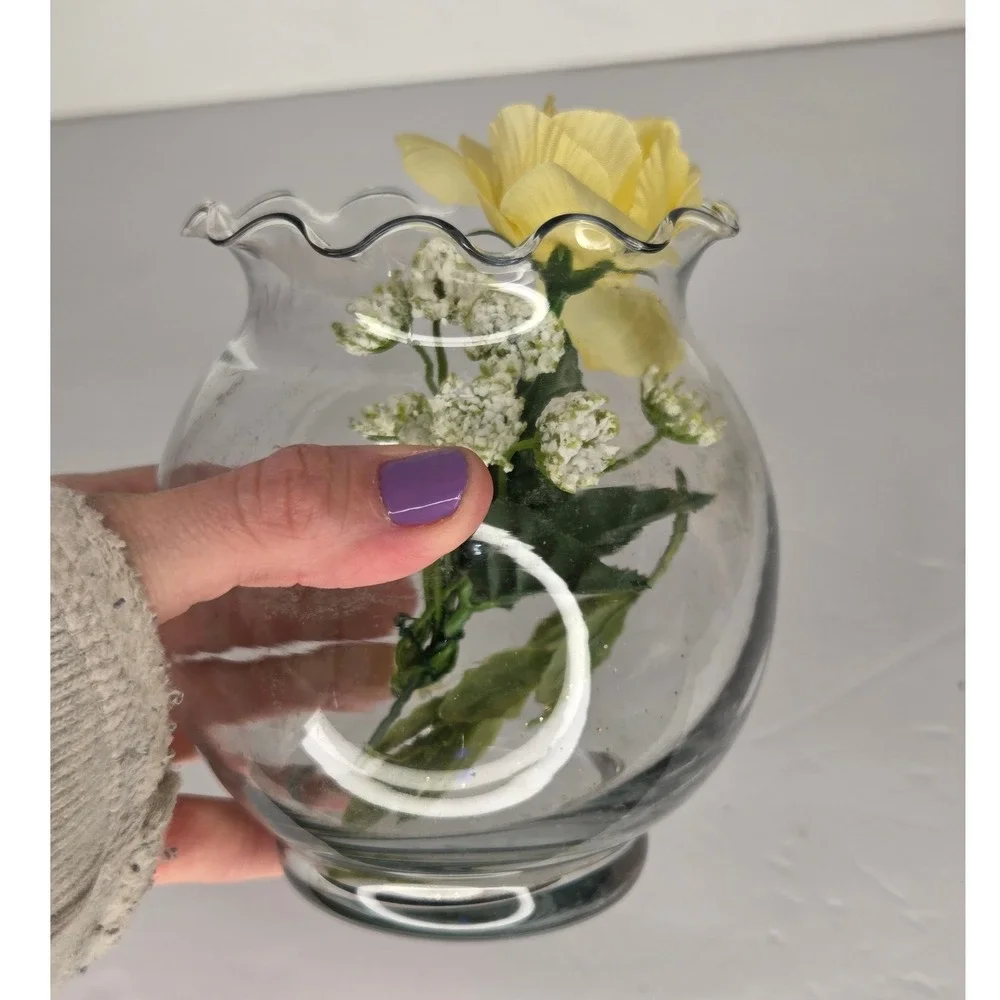 Clear Glass Bowl Vase Ruffled Crimped Rim Decor or Fish Bowl